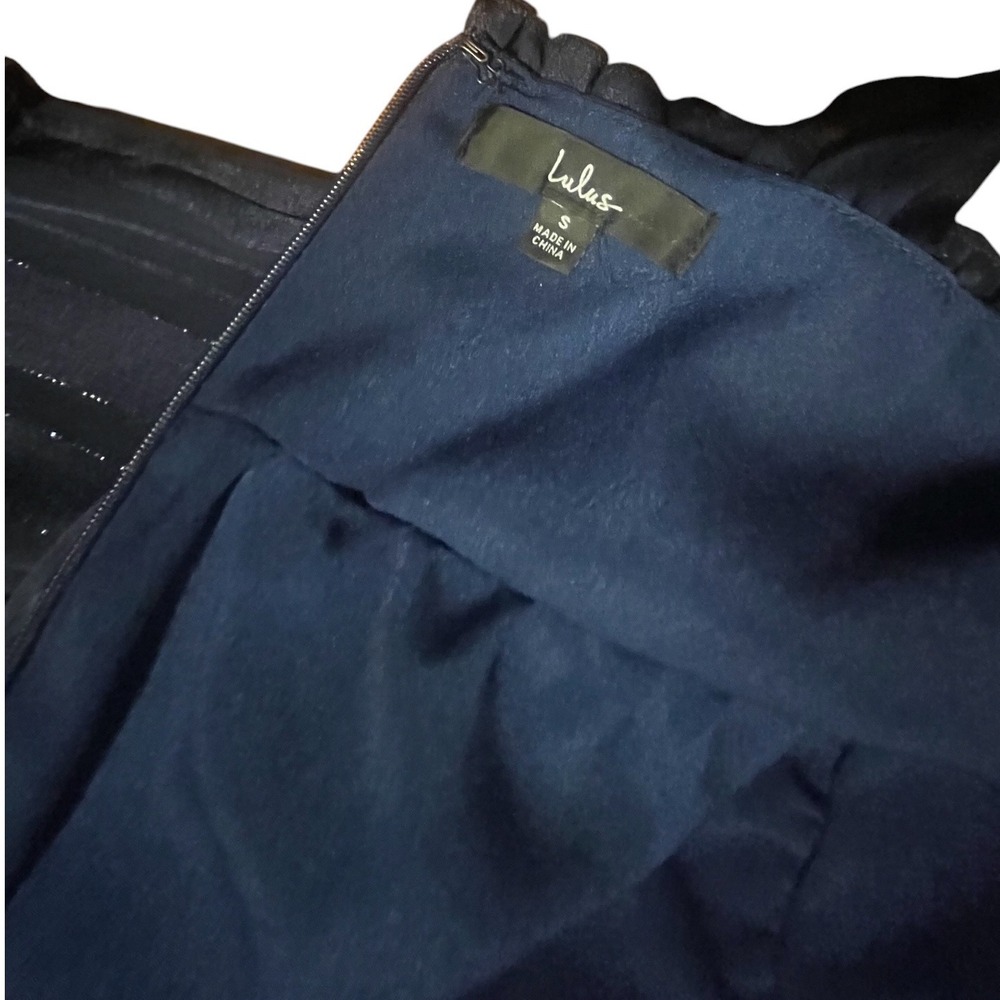 Lulus Navy Blue Metallic Striped Tiered Midi Dress Tie-Strap Side Slit Small - Picture 5 of 8